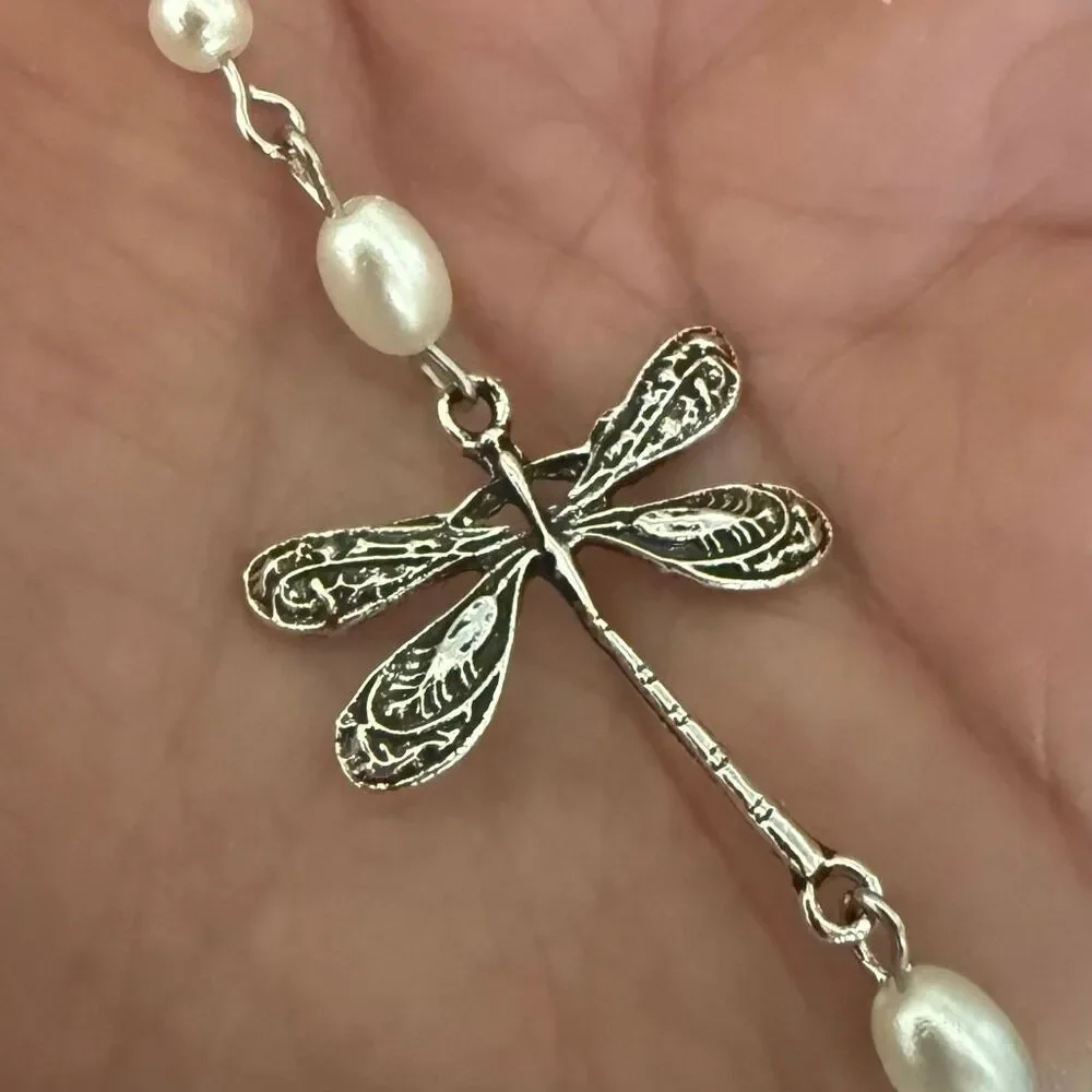 Dragonfly Faux Pearl Anklet in Silver Tone